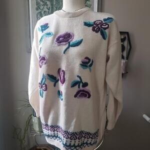Vtg 90s Large Chunky Sweater That's Me! Cream, Floral, Embroidery, Crew